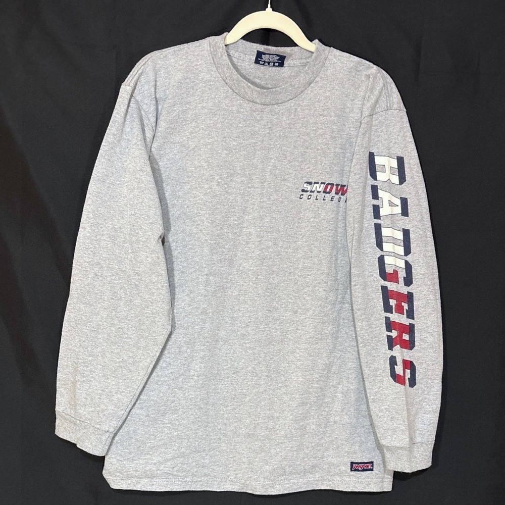 Y2K VTG Jansport Baggy College Badgers Long Sleeve Shirt Grey Men Size M Boyband